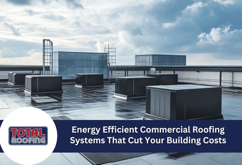Energy efficient commercial rooftop with HVAC systems and modern building architecture