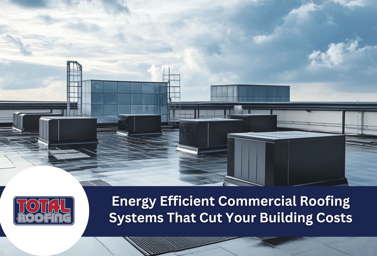 Energy efficient commercial rooftop with HVAC systems and modern building architecture